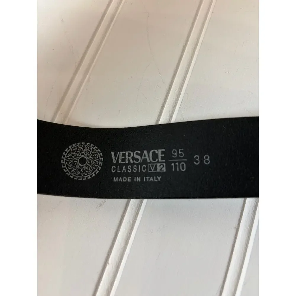 Vintage 1990’s Versace Classic V2 Silver Belt Buckle Italian Black Leather Strap